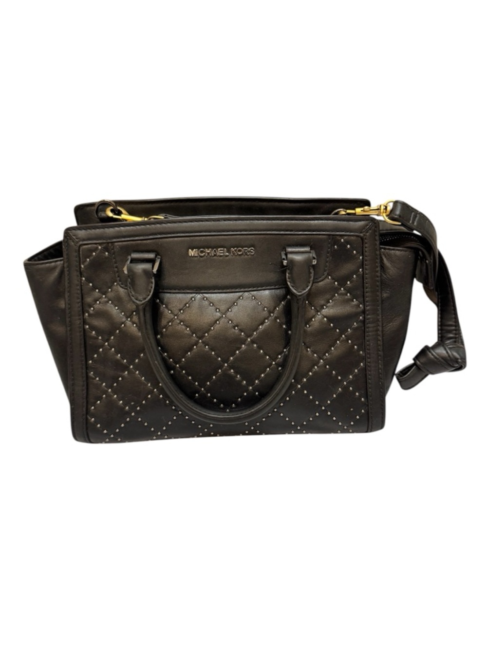 Michael Kors Black Leather Selma Micro Stud Quilted Medium Satchel Bag Purse